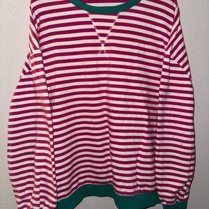 Amazon Pink and White Striped Sweatshirt with Green Trim
